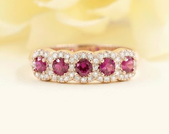 14K Natural 5 Ruby Diamond Halo Wedding Band / Natural Ruby Ring / Diamond Halo Ring / Ruby Diamond Wedding Band / Rose Gold