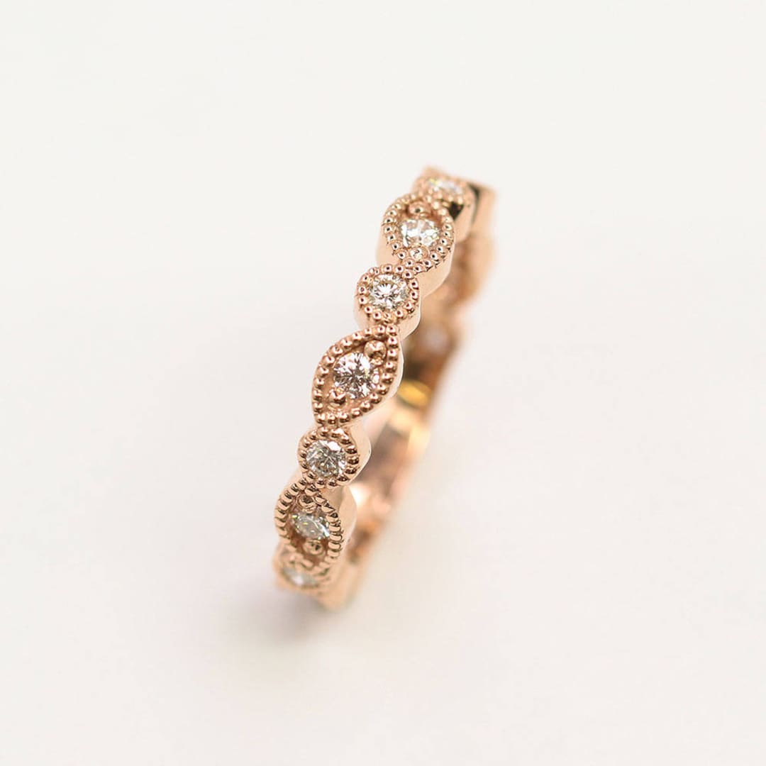 14K Rose Gold Diamond Art Deco Wedding Band: Stackable Promise Ring - Etsy