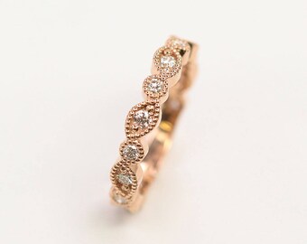 14K Rose Gold Diamond Art Deco Wedding Band: Stackable Promise Ring