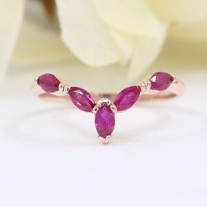14K Natural Ruby Chevron Ring: Marquise Wedding Band