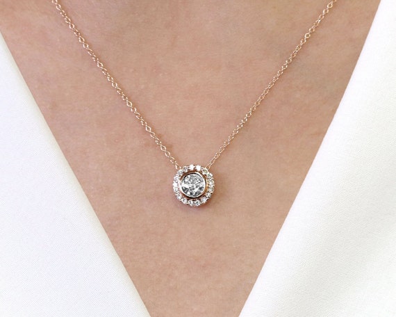 Diamond halo necklace yellow gold deals