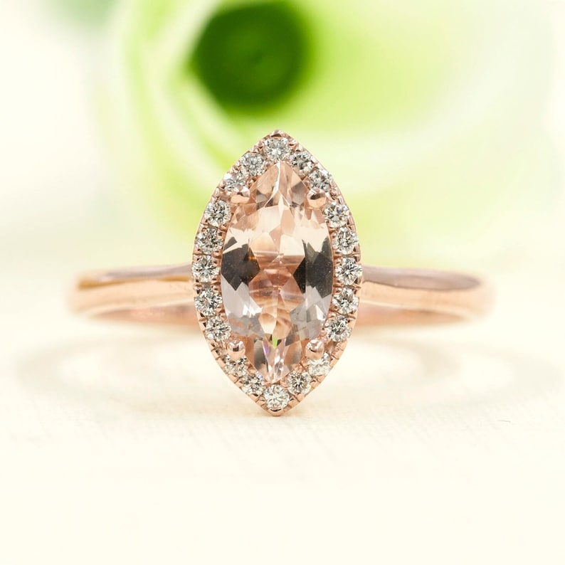 14K Rose Gold Marquise Morganite Diamond Halo Engagement Ring - Etsy