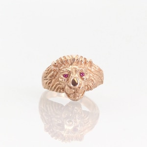 May include: A gold lion head ring with ruby red eyes. The ring is detailed with a textured mane.