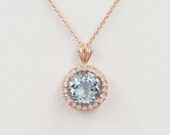 14K 2.3CT Aquamarine Daimond Halo Necklace / Aquamarine Necklace / Diamond Halo Necklace / White Gold / March Birthstone Necklace