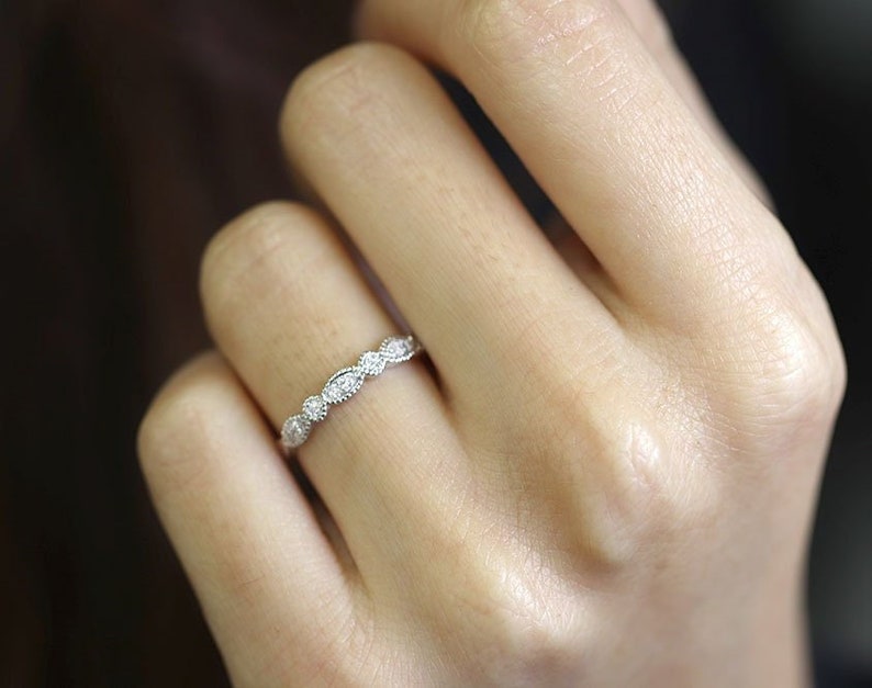 14K Vintage Diamond Wedding Band / Diamond Ring / Art Deco Ring / Matchable Band Ring / Stackable Ring / Vintage Diamond Band / White Gold image 2