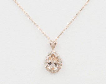 14K Morganite Diamond Necklace / Diamond Necklace / Morganite Necklace/ Rose gold / Morganite Pendant / Necklace for Women