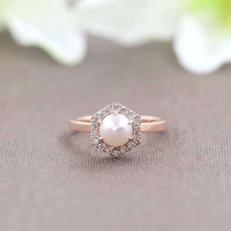 14K 1CT Natural Pearl Diamond Hexagon Wedding Ring / Pearl Engagement Ring / Diamond Wedding Ring / Rose Gold / Hexagon Ring / Promise Ring image 1