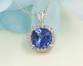 14K Cushion Tanzanite Diamond Necklace / Diamond Necklace / Tanzanite Necklace / White Gold / Necklace for Women / Cushion Tanzanite