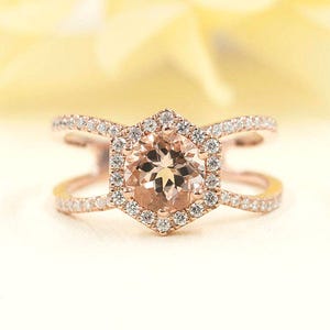 14K Hexagon Morganite Diamond Engagement Ring / Diamond Wedding Ring / Morganite Engagement Ring / Rose Gold / Anniversary ring