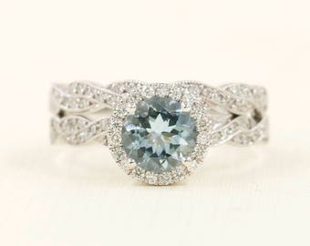 14K Aquamarine Diamond Twisted Bridal Set / Diamond Twisted Band / Aquamarine Engagement Ring / Diamond Engagement Ring / Promise Ring