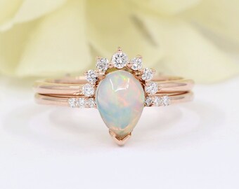 14K Opal Diamond Ring Set: Pear Halo, Solid Gold Wedding Bands