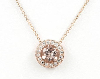 14K 1.3CT Morganite Diamond Halo Necklace / Morganite Necklace / Diamond Necklace / Morganite Pendant / Simple Necklace / Rose Gold