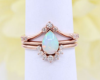 14K Pear Opal Diamond Ring Set: Yellow Gold Bridal Wedding Band