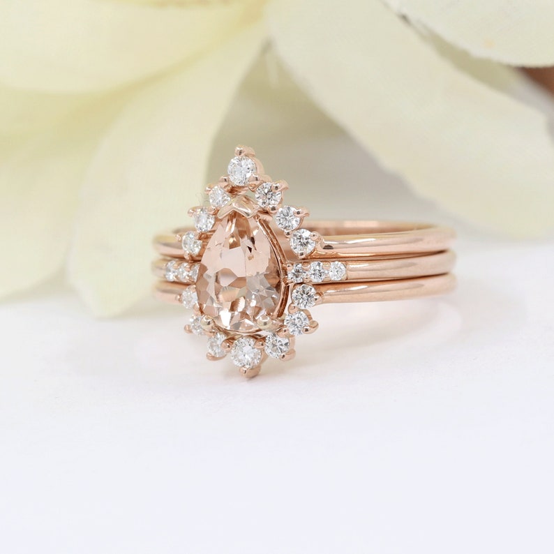 14K 1CT Morganite Diamond Band 3 Ring Set / Pear Morganite Wedding Ring / Diamond Crown Wedding Band / Rose Gold / Anniversary Ring image 2