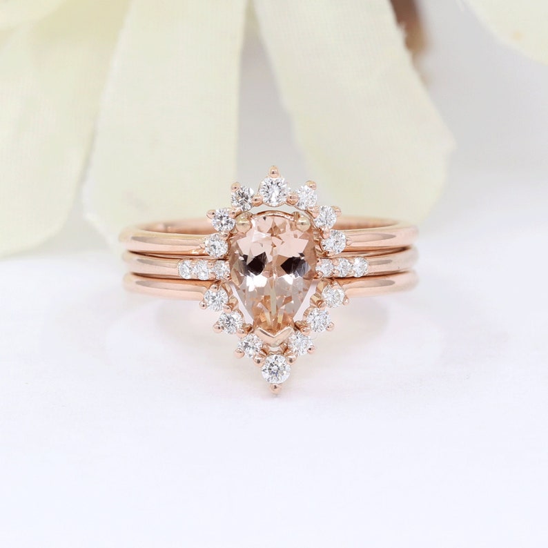 14K 1CT Morganite Diamond Band 3 Ring Set / Pear Morganite Wedding Ring / Diamond Crown Wedding Band / Rose Gold / Anniversary Ring image 1