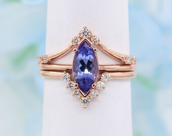14K White Gold Tanzanite Diamond Marquise Engagement Ring Set