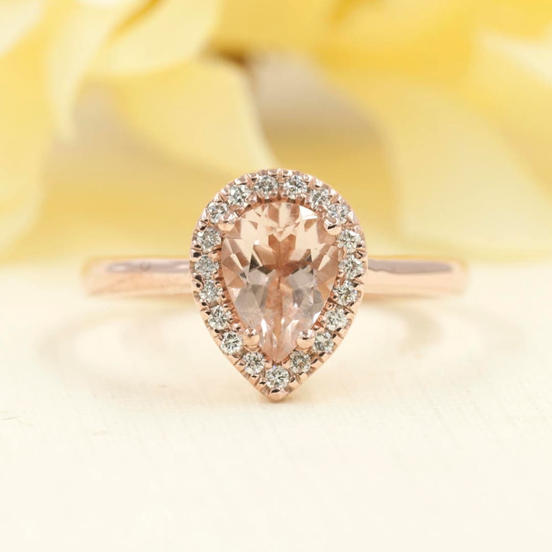 14K Rose Gold Pear Morganite Diamond Halo Engagement Ring - Etsy
