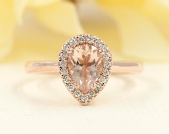 14K Rose Gold Pear Morganite Diamond Halo Engagement Ring