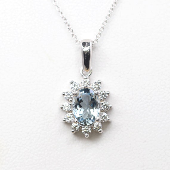 Aquamarine Diamond Necklace. 14k White Gold Diamond Pendant. | Etsy