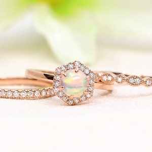 14K Opal Diamond Band 3 Ring Set / Hexagon Ring / Opal Engagement Ring / Diamond Wedding Band / Opal Hexagon Ring / Rose Gold / Promise Ring