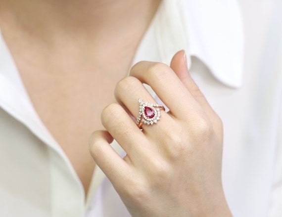 14K 1.2CT Natural Ruby Diamond Band Wedding Ring Set / Ruby -  Israel