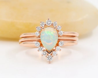 14K Pear Opal Diamond Band 3 Ring Set / Pear Opal Engagement Ring / Diamond Chevron Wedding Band / Opal Ring Set / Yellow Gold