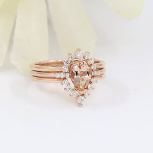 14K 1CT Morganite Diamond Band 3 Ring Set / Pear Morganite Wedding Ring / Diamond Crown Wedding Band / Rose Gold / Anniversary Ring image 3