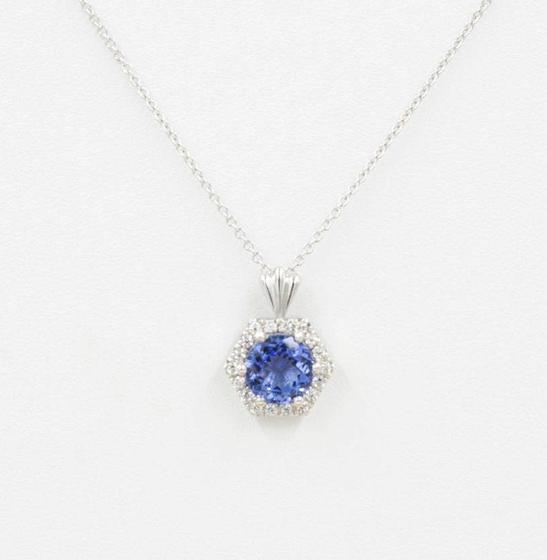 Collier diamant tanzanite hexagonal 14 carats / collier diamant / pendentif tanzanite / collier tanzanite / or blanc / collier pour femme image 1