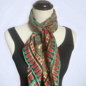 Vintage Large Square Green Silk Scarf, Colorful Summer Scarf, Silk Wrap, Head Scarf Hair Wrap, Best Gift for Her
