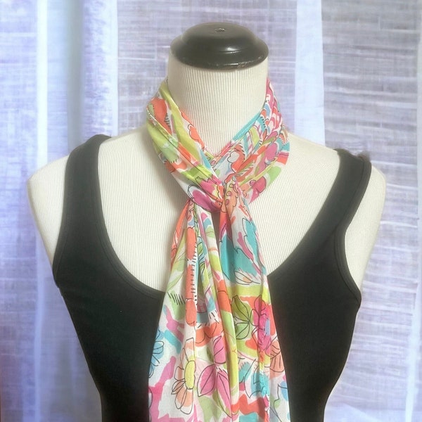 Vintage Long Sheer Colorful Scarf, Retro Floral Scarf, Pointed End Scarf, Waist Sash, Head Scarf Hair Wrap, Summer Scarf, Best Gift for Her