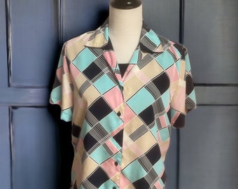 Vintage Geometric Print Blouse, Short Sleeve Blouse, Pink and Aqua Blouse, Retro Blouse, Summer blouse, Patterned Blouse, Best Gift for Her