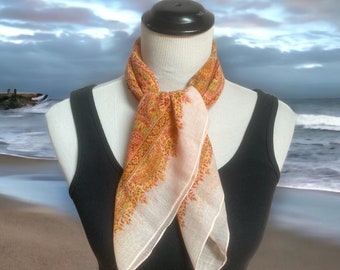 Vintage Pink and Orange Paisley Scarf, Large Square Scarf, Spring Summer Scarf, Head Scarf Hair Wrap, Best Gift for Her