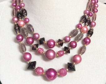 Vintage Pink Triple Strand Beaded  Necklace