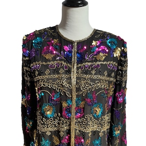 Vintage Sequin Jacket, Beaded Evening Jacket, Black Silk Cocktail Jacket,Holiday Party Jacket