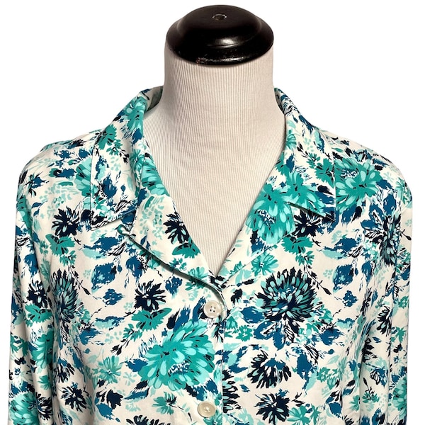 Vintage Blue Floral Blouse, Colorful Spring Blouse, Long Sleeve Button Down Blouse