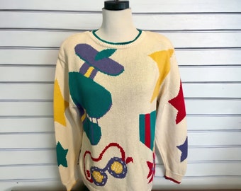 Vintage Heirloom Collections Oversized Cotton Knit Colorful Geometric Print Sweater