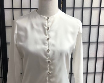 Vintage Bell Sleeve White Blouse with Rhinestone Buttons, Pirate Blouse