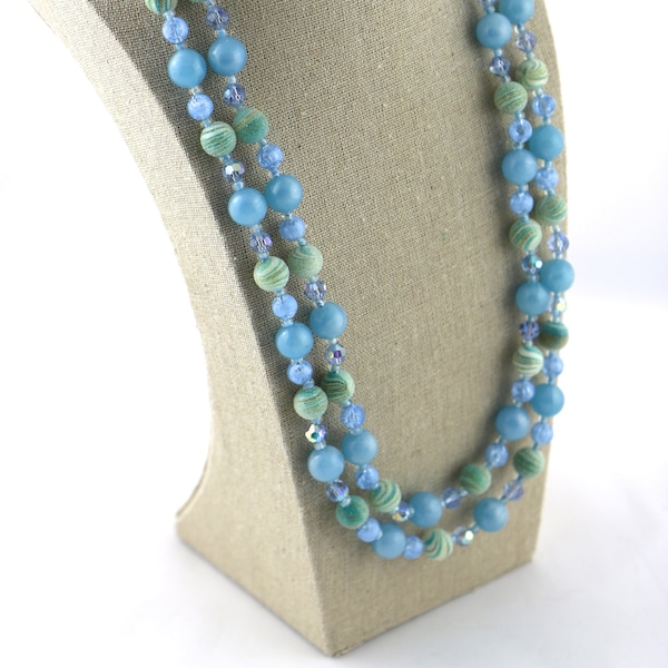 Vintage Blue and Green Double Strand Beaded Necklace, Matinee Length Necklace