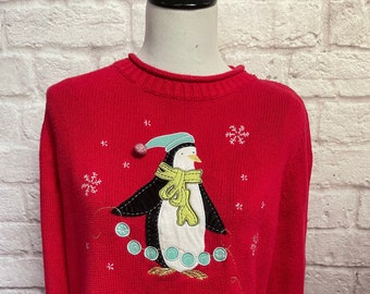 pull de Noël vintage en tricot de coton rouge, pull pingouin, pull moche fête, pull de Noël collant, cadeau pour elle