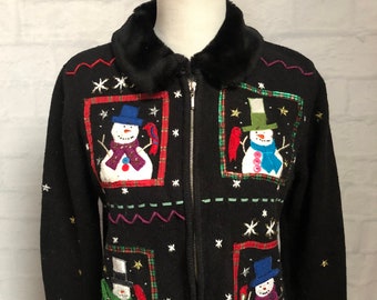 Vintage Designers Originals Studio Joy Zippered Cardigan Snowman Christmas Sweater