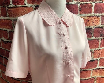 Vintage Pink Embroidered Blouse, Short Sleeve Blouse, Summer Blouse