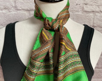 Vintage Long Green Genuine Silk Scarf, Head Scarf Hair Wrap