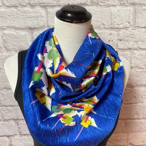 Vintage Large Blue Geometric Scarf, Genuine Silk Scarf, Large Square Scarf