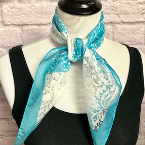 Vintage Blue and White Sheer Floral Nylon Square Scarf