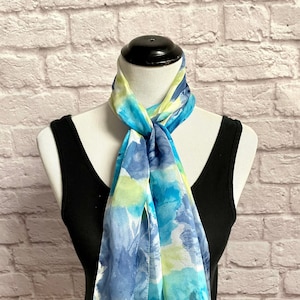 Vintage Long Blue Scarf, Blue and Green Floral Scarf, Head. Scarf Hair Wrap