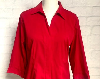 Vintage Fred Davis Womens Red 3/4 Length Sleeve Button Down Blouae