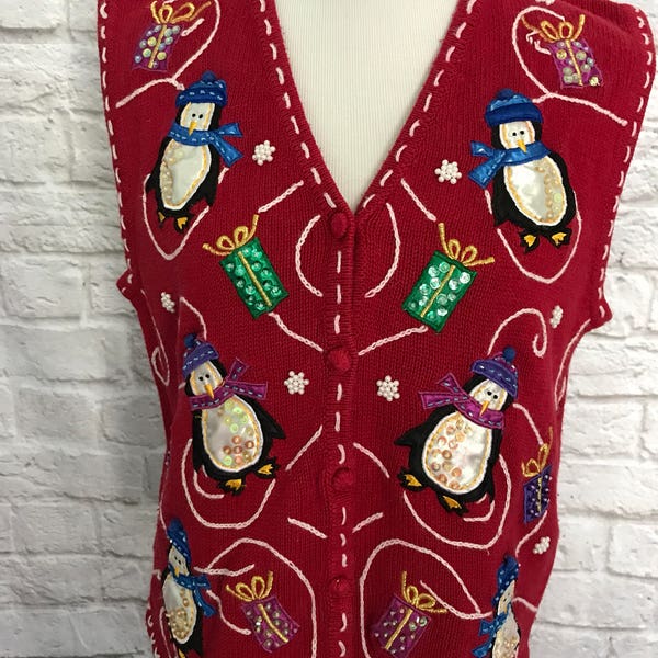 Vintage Christmas Sweater, Sweater Vest, Ugly Christmas Sweater, Tacky Christmas Sweater, Christmas Penguins, Ugly Sweater Party, Red Vest