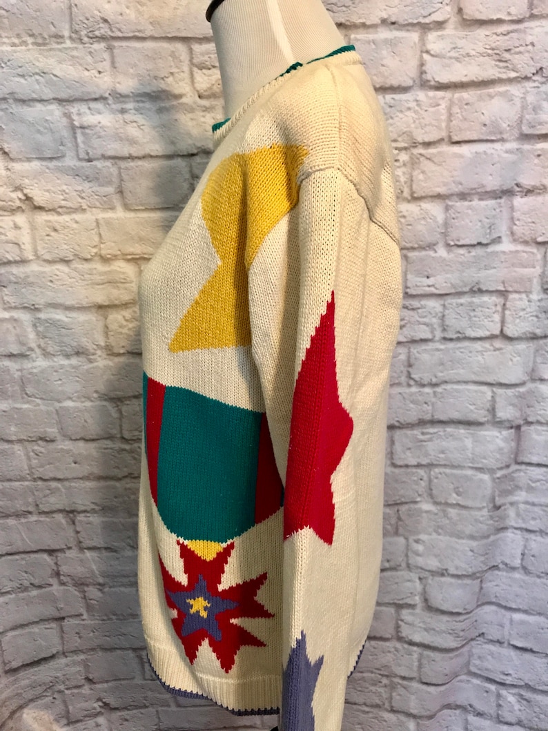 Vintage Heirloom Collections Oversized Cotton Knit Colorful Geometric Print Sweater