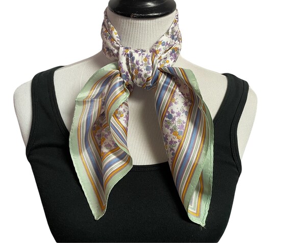 Vintage Green Blue and Purple Square Floral Scarf - image 1