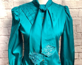 Vintage Womens Choice Teal Long Sleeve Bow Tie Blouse